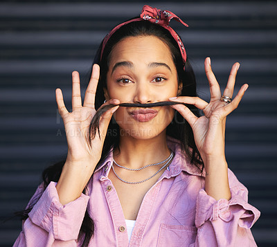 Buy stock photo Hair, mustache and portrait of woman funny with joking game, goofy and fashion outdoor. Face, pout and female person with silly facial expression, hands gesture and casual. outfit with jewellery 