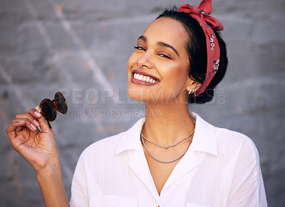 Buy stock photo Fashion, portrait and sunglasses with trendy woman on gray wall background for accessory style. Face, model or smile with happy young gen z person in bandana and chic clothes outfit for casual wear