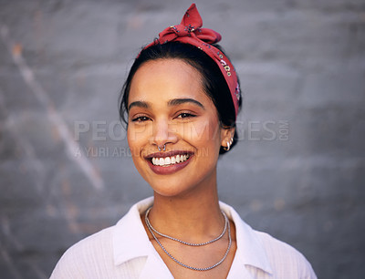 Buy stock photo Fashion, portrait and smile with trendy woman on gray wall background for accessory style. Face, model or nose ring with happy young gen z person in bandana and chic clothes outfit for casual wear