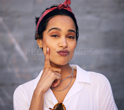 Buy stock photo Fashion, portrait and pout with trendy woman on gray wall background for accessory style. Face, kiss and model with cute or happy young gen z person in bandana and chic clothes outfit for casual wear