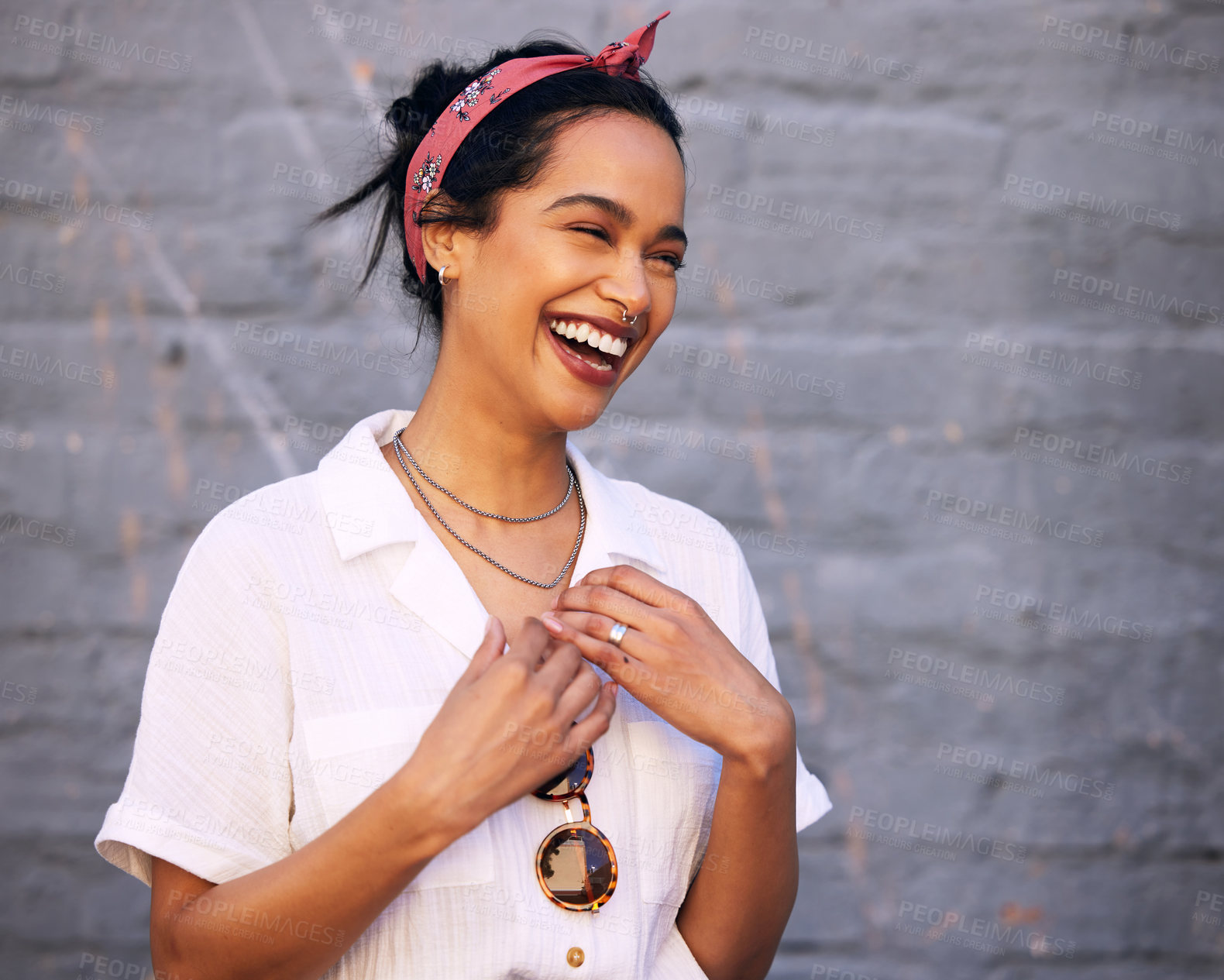 Buy stock photo Excited. fashion and funny with trendy woman on gray wall background for accessory style. Comic, model or smile with happy young gen z person laughing in bandana and casual or chic clothes outfit