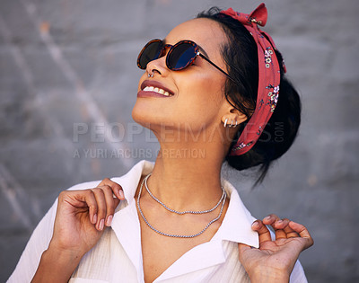 Buy stock photo Attitude, fashion and sunglasses with trendy woman on gray wall background for accessory style. Collar, face or smile with happy young gen z person in bandana and chic clothes outfit for casual wear
