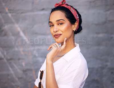 Buy stock photo Fashion, portrait and thinking with trendy woman on gray wall background for accessory style. Face, casual or model with happy young gen z person in bandana and chic clothes outfit for streetwear