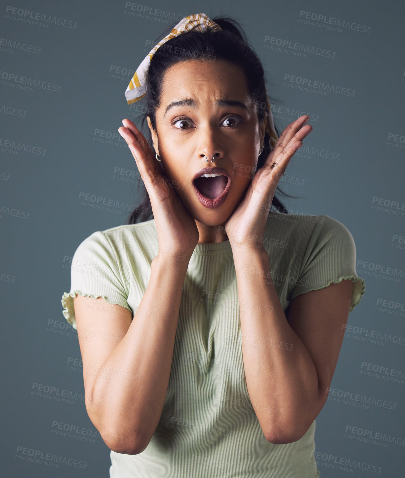 Buy stock photo Woman, portrait and hand with shock in studio for announcement, gossip or drama. Female person, face and mind blowing surprise on grey background or omg secret with fake news reaction, deal or wtf