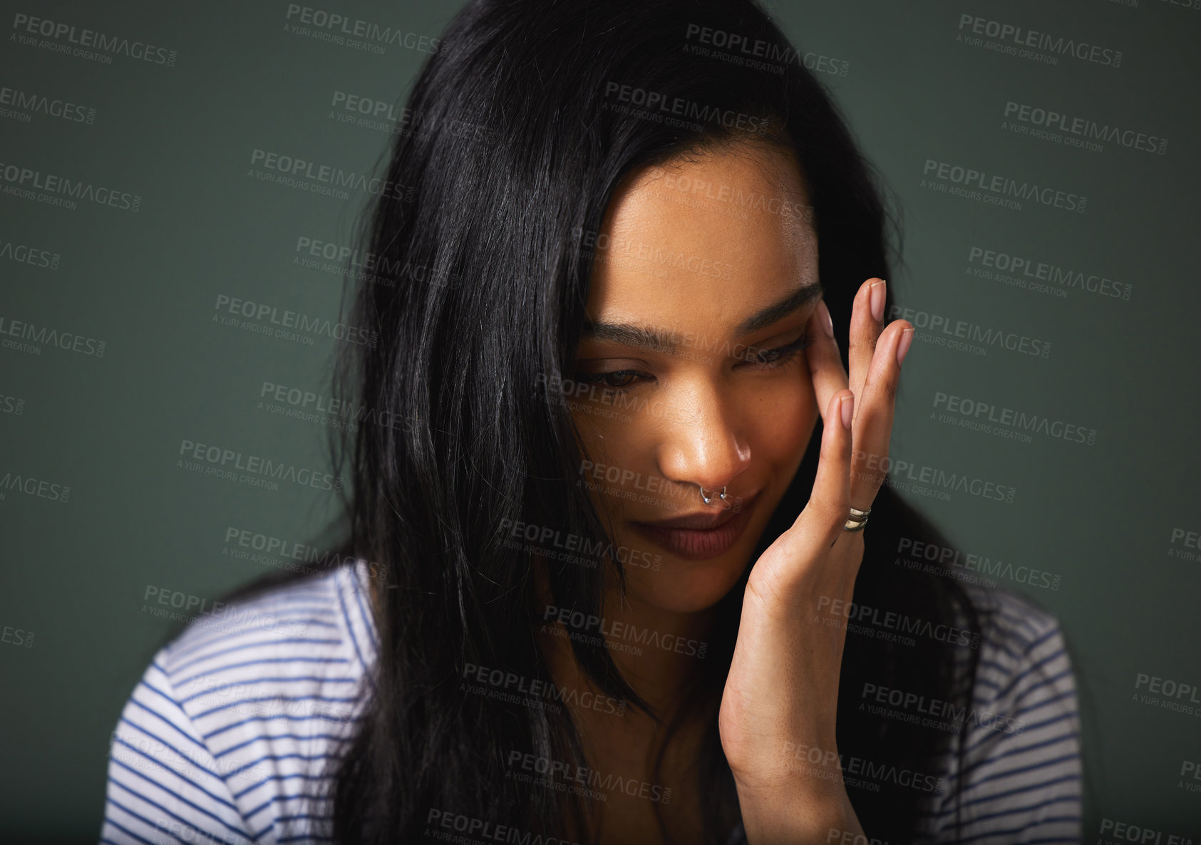 Buy stock photo Crying, tears or sad woman with depression in studio for burnout, trauma anxiety or mistake with fear or grief. Pain, stress and upset girl worried by bad news or loss isolated on grey background