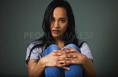 Buy stock photo Portrait, girl or stress of depression in studio for burnout or mistake with fear, grief or mental health crisis. Mockup, frustrated and sad woman with bad news or loss isolated on gray background