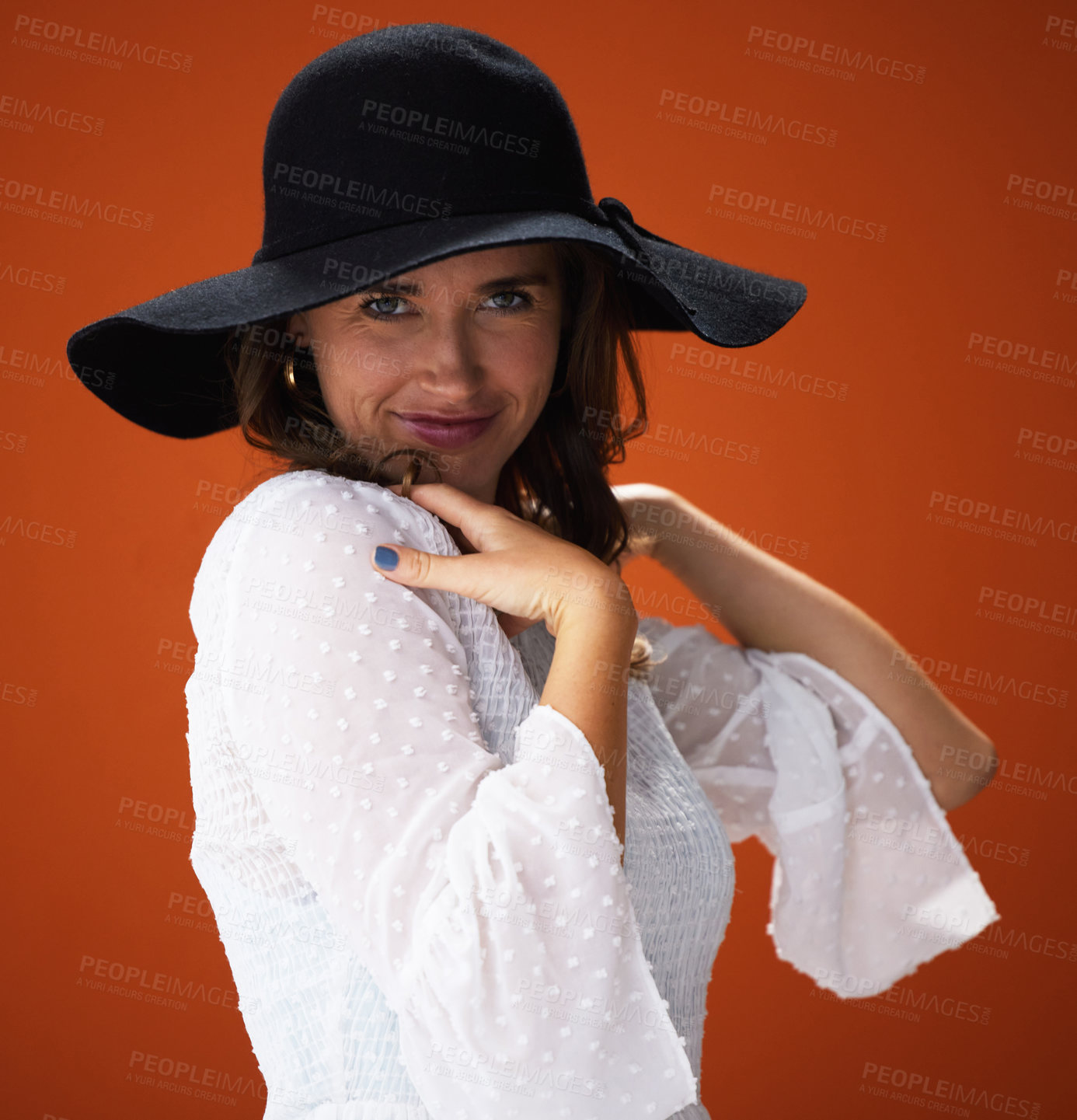 Buy stock photo Woman, studio and hat with portrait for fashion with trendy, cool and summer outfit for vacation style inspiration. Designer, brown background and trends with glamour for clothing with pride