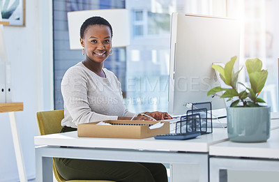 Buy stock photo Computer, portrait and black woman in office for creative research with copywriting project. Technology, smile and professional African female writer typing email for content on desktop in workplace.