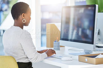 Buy stock photo Computer screen, black woman and online, company and creative agency for copywriting project. Tech, graphic designer and female person in modern office for deadline, edit and concept development