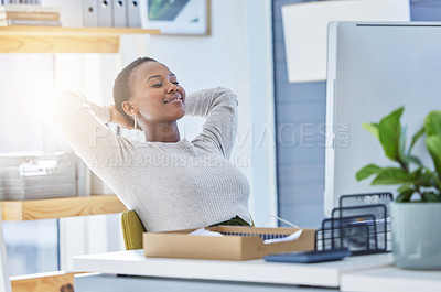 Buy stock photo Business, stretching and black woman in office with computer, project or task satisfaction, break or nap. Stress relief, pause and African consultant relax with peace, productivity and achievement