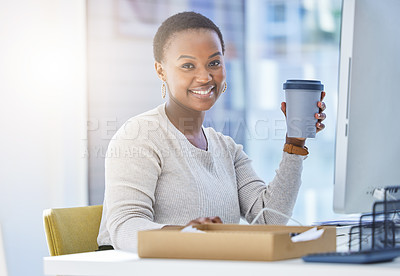 Buy stock photo Coffee, portrait and black woman in office with drink reading email, report or review at desk. Computer, lens flare and employee with caffeine for online editing, research article or proofreading