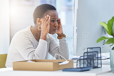 Buy stock photo Stress, headache and black woman in office reading creative research on computer for burnout. Exhausted, migraine and African female copywriter working on desktop for project in startup workplace.