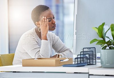 Buy stock photo Headache, stress and black woman with computer in office for research with creative project. Exhausted, burnout and African female copywriter working on desktop for project in startup workplace.