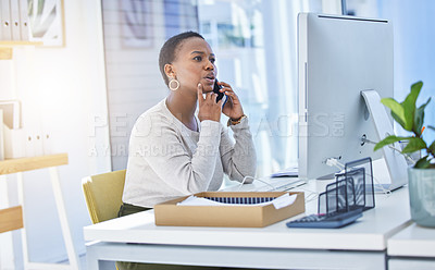 Buy stock photo Computer, office and black woman with phone call, thinking and consulting for accounting business. Smartphone, online research and financial advisor in discussion for networking, proposal or contact.
