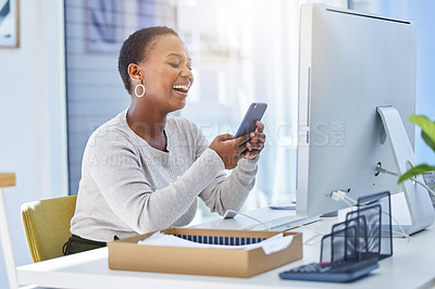 Buy stock photo Woman, smartphone and funny chat at desk, laughing and happy with social media post on lunch break. Internet, technology and communication for texting, online meme and humor on website with contact