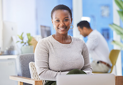 Buy stock photo Black, woman and portrait in office with laptop for banking, work for corporate or financial. Female clerk and workplace with computer for deal on loan with company, personal finances and happiness