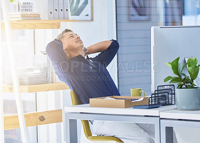 Buy stock photo Office, relax and happy businessman at computer for inspiration, rest and advisor stretching at desk. Financial consultant, thinking and positive mindset with peace, calm and mental health break
