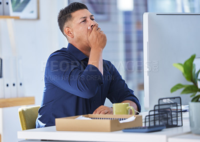 Buy stock photo Tired, yawn and businessman in office reading creative research on computer for sleeping. Exhausted, burnout and professional male copywriter working on desktop for project in startup workplace.