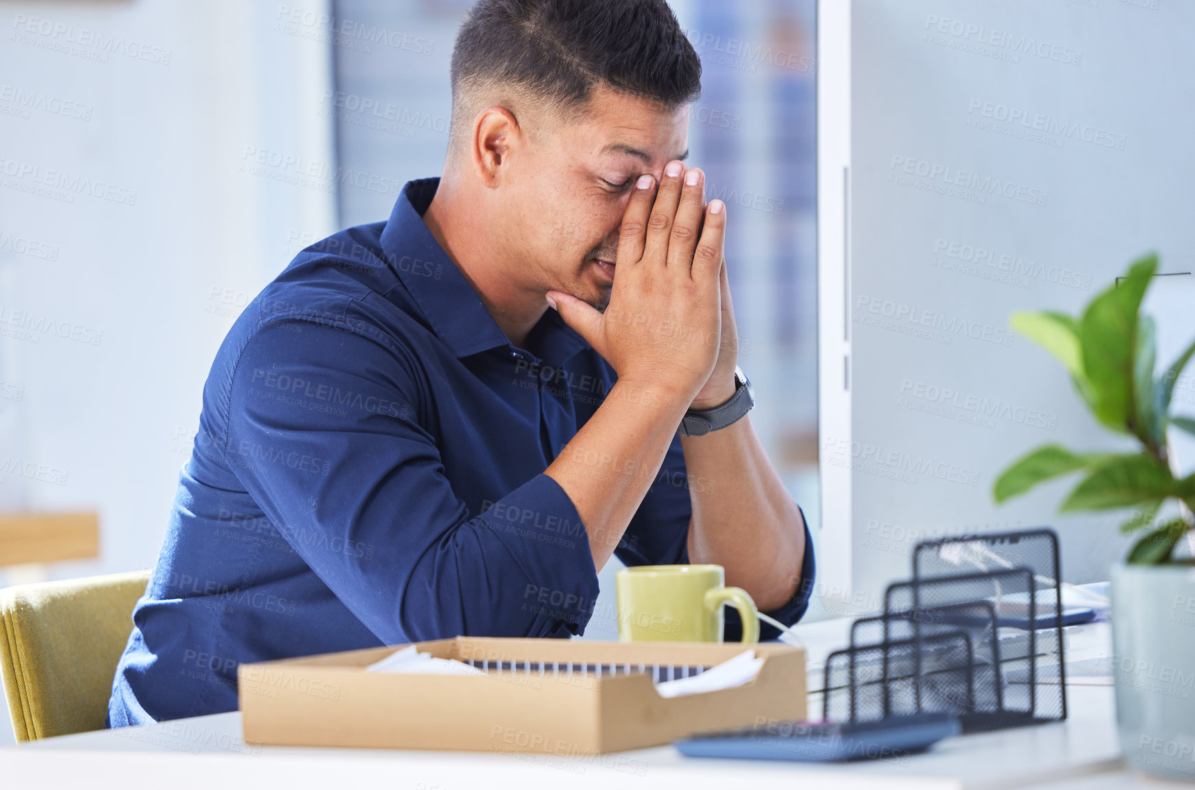 Buy stock photo Stress, bored and businessman in office with doubt for work schedule, agenda or plan for project. Exhausted, burnout and tired male copywriter working on desktop for project in startup workplace.