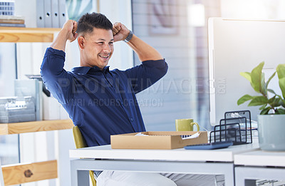 Buy stock photo Happy, businessman and stretching for celebration with paperwork for positive mental health. Male worker and smile for employee of the month from creative thinking on proposal for motivation