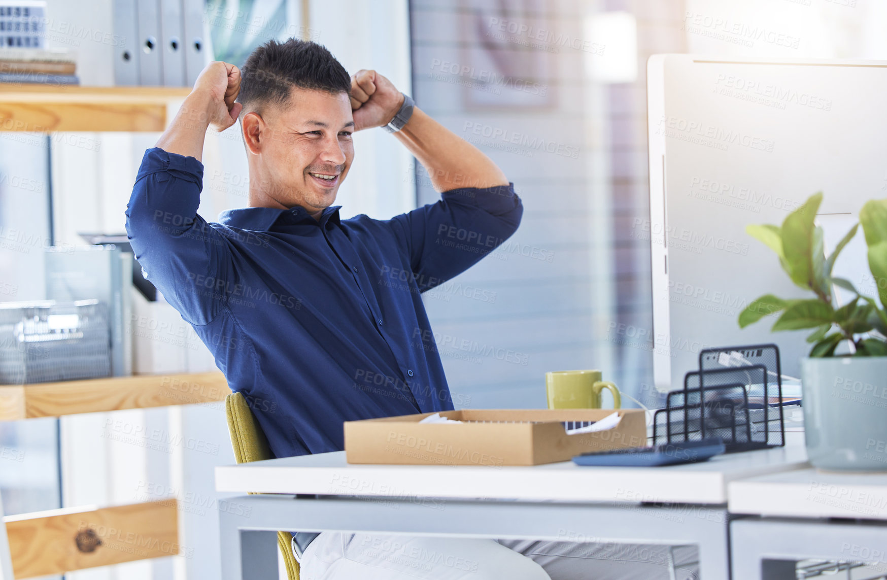 Buy stock photo Happy, businessman and stretching for celebration with paperwork for positive mental health. Male worker and smile for employee of the month from creative thinking on proposal for motivation