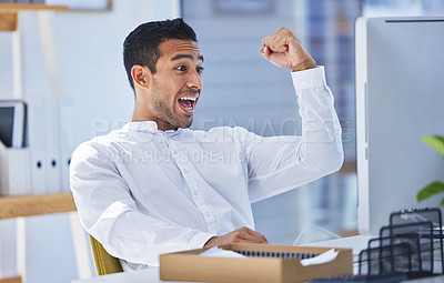 Buy stock photo Wow, computer and businessman with winner fist in office celebration for stock market, deal or investment growth. Yes, excited and male accountant with good news, report or review, target or feedback