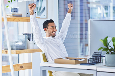 Buy stock photo Computer, yes and excited businessman in office with winner fist, celebration or good news email. Startup, success and asian entrepreneur with champion hands for online, trading or investment growth