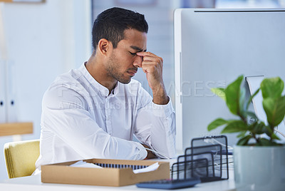 Buy stock photo Headache, burnout and businessman in office reading creative research on computer for sleeping. Exhausted, migraine and professional male copywriter work on desktop for project in startup workplace.