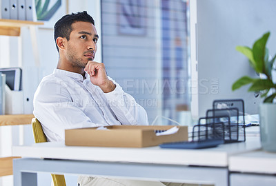 Buy stock photo Confused, businessman and thinking with financial documents about company budget in office. Serious, male accountant and paperwork for brainstorming cashflow solutions or ideas for investment
