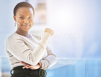 Buy stock photo Flare, portrait and business black woman in office for administration, ambition or mission. Company, smile and space with confident or happy employee in workplace for start of professional career