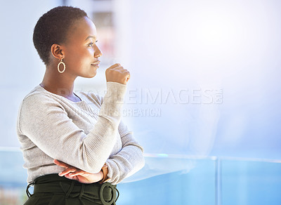 Buy stock photo Thinking, window and black woman in office for decision, planning career or opportunity. Lens flare, corporate and female admin clerk at glass for solution, reflection or inspiration on project
