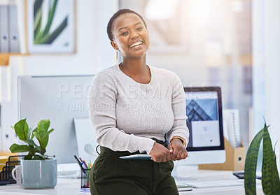 Buy stock photo Portrait, business and happy black woman with tablet in office for career or job at startup in Kenya. Face, professional and smile of African entrepreneur, creative web designer and worker laughing