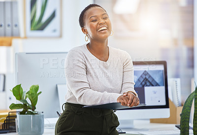 Buy stock photo Black woman, laugh and happy at office with professional humor, creative employee at startup and joking in the workplace. Pride, ambition and satisfaction in career with comedy, joy and positive mood