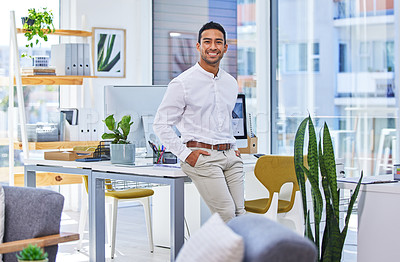 Buy stock photo Portrait, happy and business man in office at desk for career and job at company in Mexico. Smile, professional and confident entrepreneur, expert employee and young salesman working in workplace