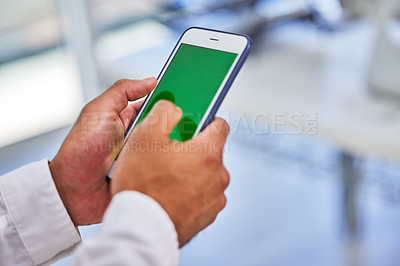 Buy stock photo Green screen, hands of business man with phone in office for planning, research or b2b networking mockup. Contact us, space or manager with smartphone app for online consulting, sign up or info