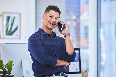 Buy stock photo Business, phone call and man at desk, speaking and connection with entrepreneur, smile and consultant. Person, office and employee with smartphone, contact and mobile user with communication and talk