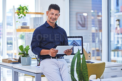 Buy stock photo Work, portrait and businessman with tablet in office for online research, administration and planning. HR, person and employee with tech in workspace for portfolio review, feedback and networking