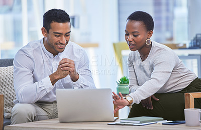 Buy stock photo Woman, man and office with laptop, collaboration and discussion for new project. Web designer, workspace and creative process for teamwork, planning and small business employee growth for training