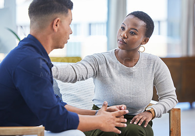 Buy stock photo Black woman, office and console man in stress, panic or talking with mental health support in workplace. Professional, businesswoman and care for employee, coworker or management of work pressure