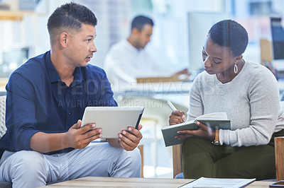 Buy stock photo Woman, man and office with tablet, collaboration and discussion for new project. Web designer, workspace and creative process for teamwork, planning and small business employee growth for training