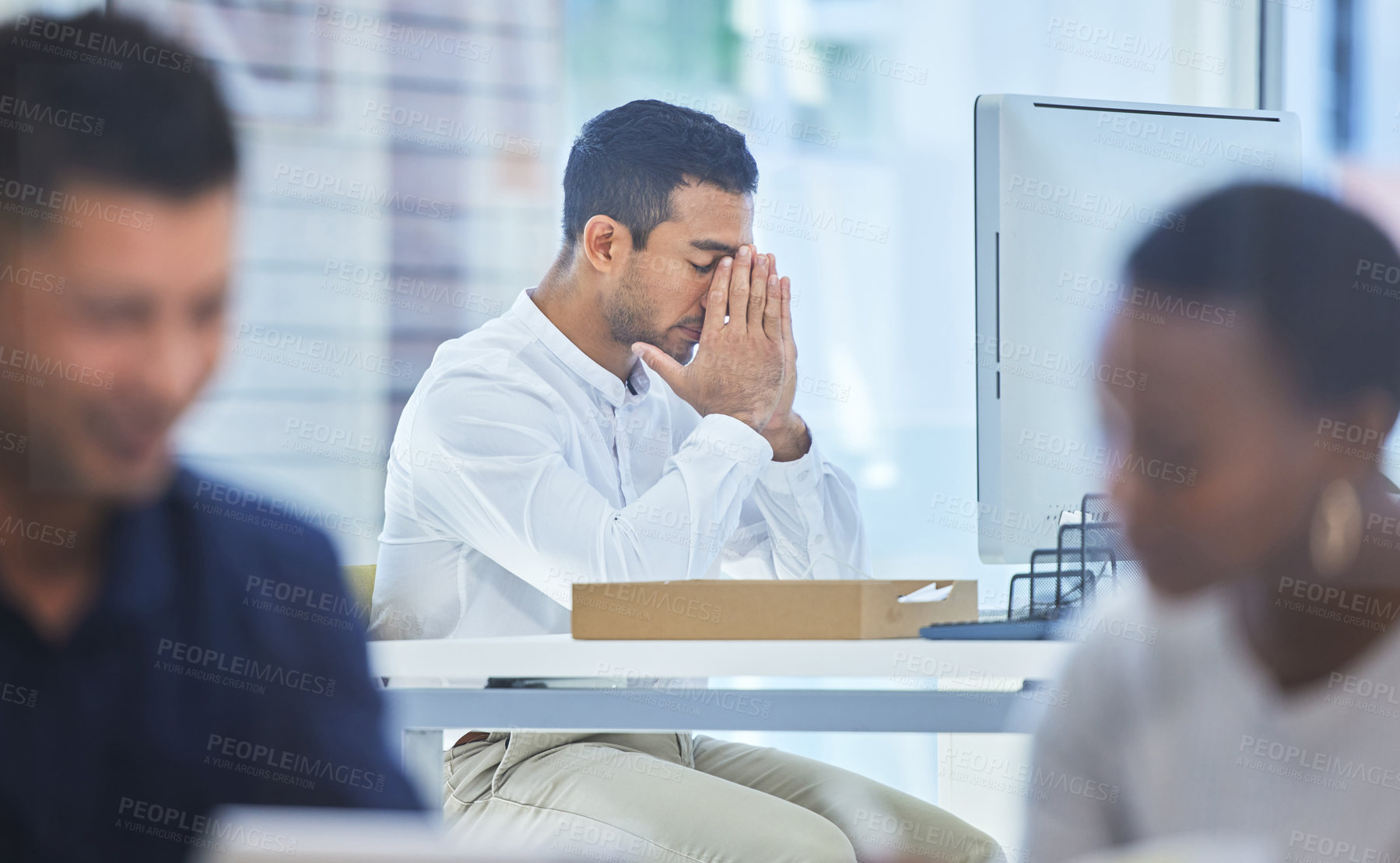 Buy stock photo Headache, stress and businessman in office frustrated by computer, glitch or 404 error, mistake or deadline fail. Anxiety, vertigo and manager annoyed by tax, audit or distracted by noisy coworkers