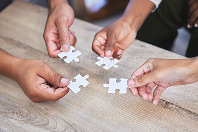 Buy stock photo Puzzle, company and teamwork for collaboration, planning and partnership for hope and goals. Hands, connection and trust for business, solutions and vision for support, idea and investment for people