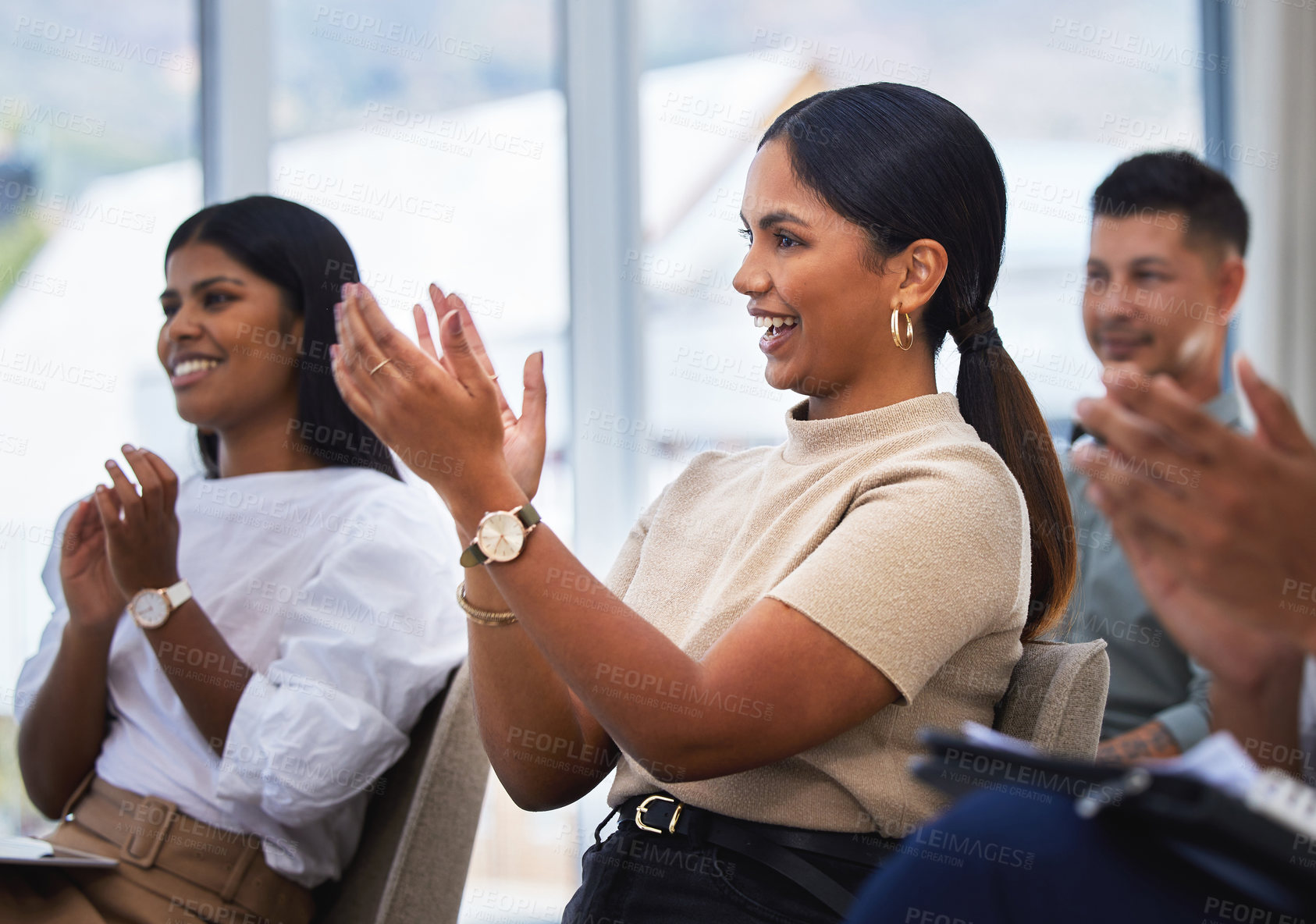 Buy stock photo Business meeting, presentation and happy people with applause for support, motivation and training success. Workshop, celebration and excited audience clapping for sale, target or mission milestone