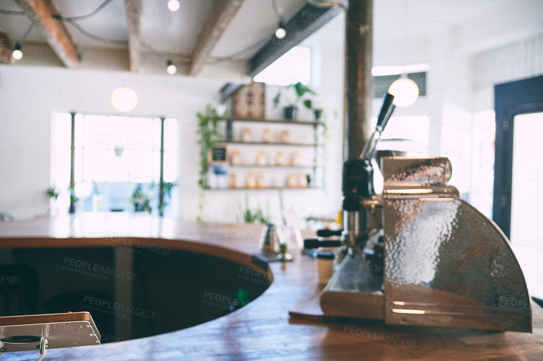 Buy stock photo Shot of a vintage cash register on a counter in an empty cafe