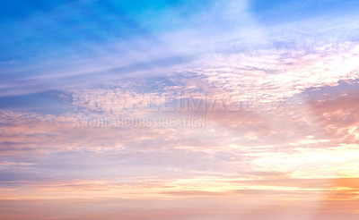 Buy stock photo Copy space and beautiful sunset sky with wispy clouds and sun rays shining through vibrant colour with heaven and religious theory. Scenic view of peaceful, calm and serene atmosphere and ozone layer