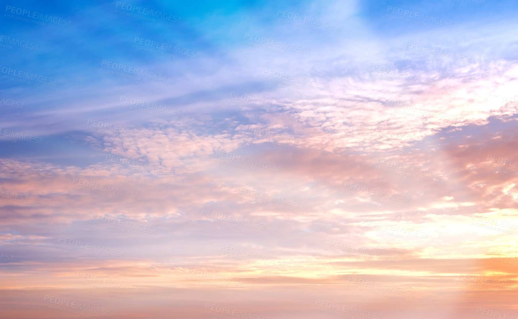 Buy stock photo Copy space and beautiful sunset sky with wispy clouds and sun rays shining through vibrant colour with heaven and religious theory. Scenic view of peaceful, calm and serene atmosphere and ozone layer