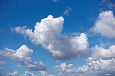 Buy stock photo Beautiful view of cumulus clouds in a blue sky with copy space from below. Soft cloudscape with fluffy aerosol during the day. Puffy white clouds symbolizing enlightenment, spirituality and heaven