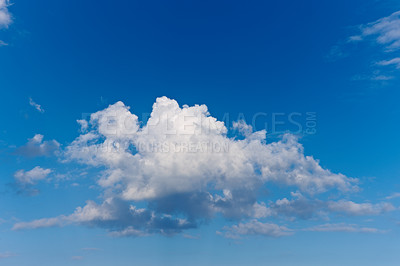 Buy stock photo Panoramic landscape view of a fluffy cumulus in a blue sky in summer with copy space. High scenic and copyspace views of a cloudy atmosphere and climate in a natural environment during the day