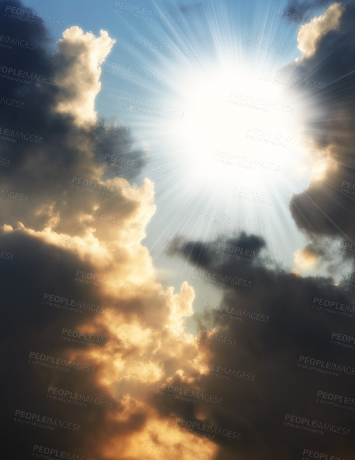 Buy stock photo Dark clouds in a sunset sky background with copy space. Cloudscape climate view of dramatic sky with signs of thunder storm on the horizon. Landscape of a lensflare sun in autumn or winter weather