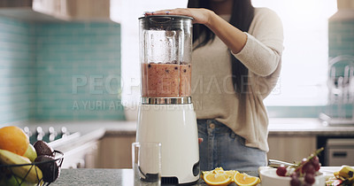 Buy stock photo Blender, smoothie and woman in kitchen for diet, detox and healthy morning breakfast in home. Fruit, food and hand of female person with machine for nutrition drink, vitamins or weight loss milkshake